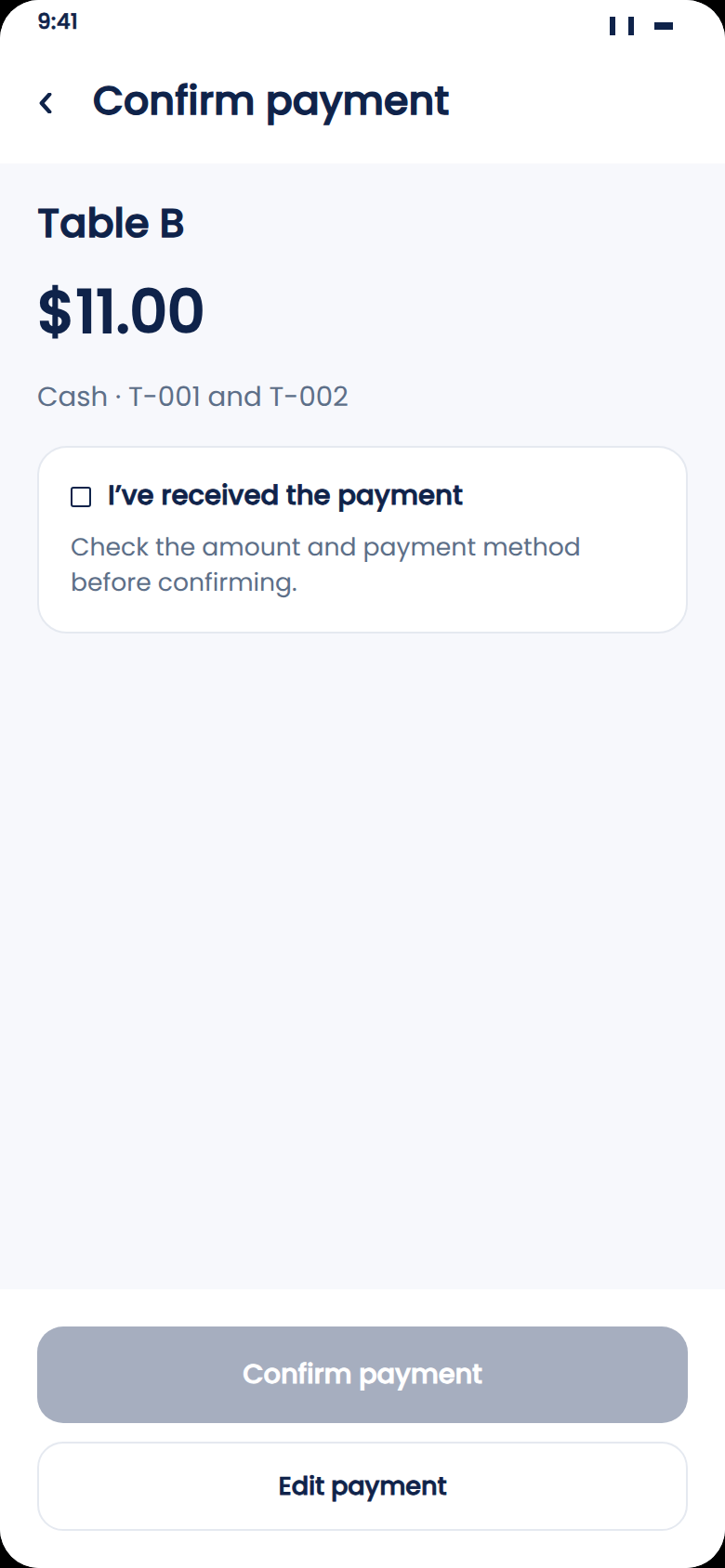 Zeat Confirm payment screen: $11.50 in cash, with an I received the payment checkbox