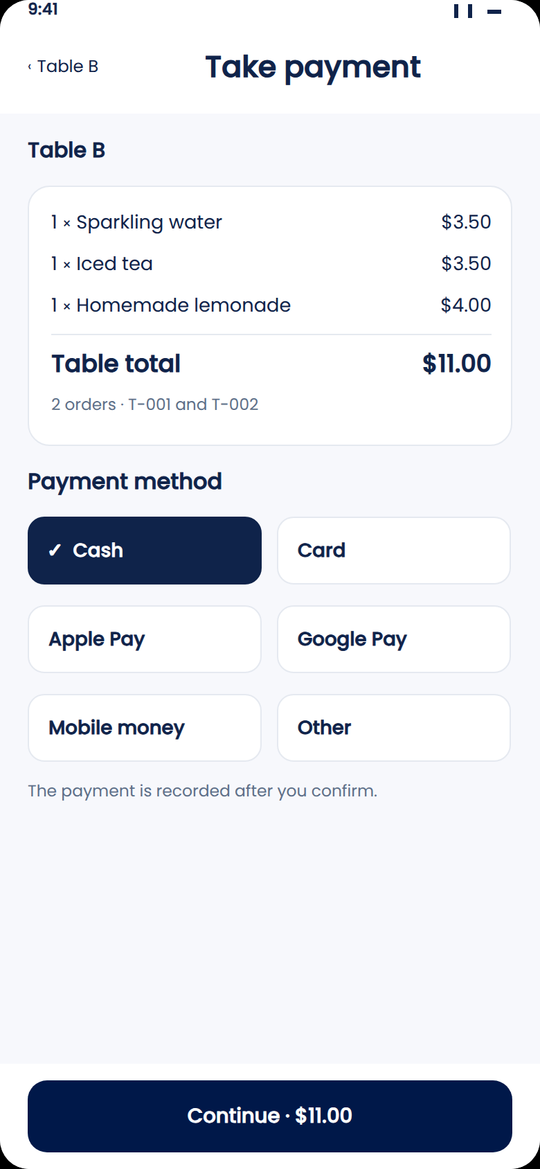 Zeat Take payment screen: cash, card, mobile wallet or other