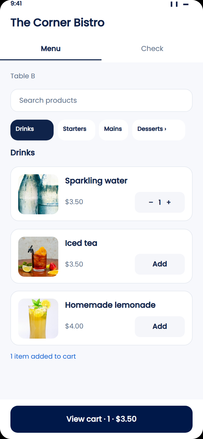 Zeat guest menu at table B: drinks, starters, mains and desserts, with the cart