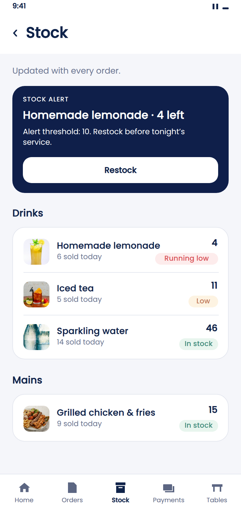Zeat stock screen: low-stock alert on homemade lemonade, remaining quantity for each item