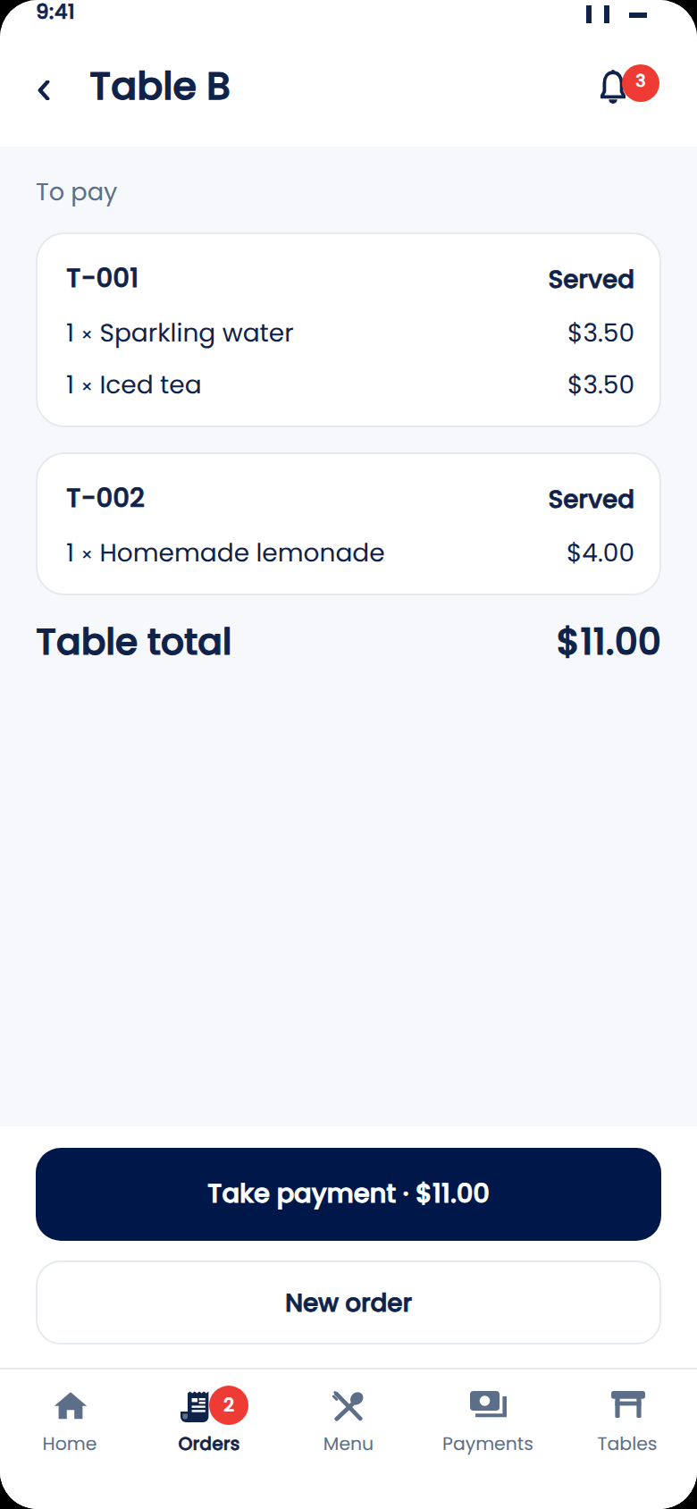 Zeat screen: table B ready to pay, two orders served, total $11.50