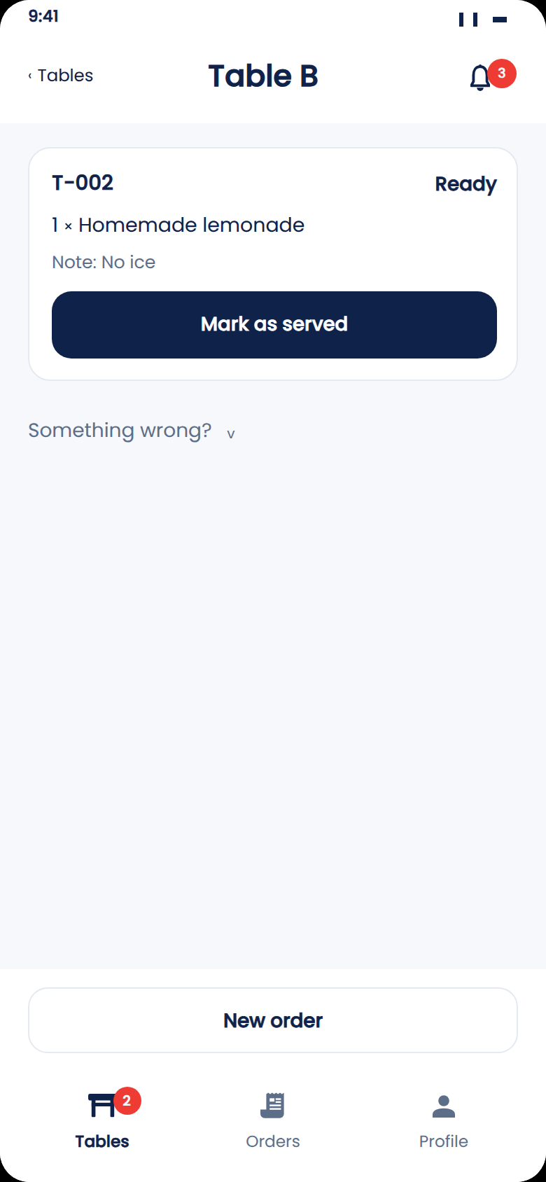 Zeat server screen: order T-002 ready, note no ice, with an Mark as served button