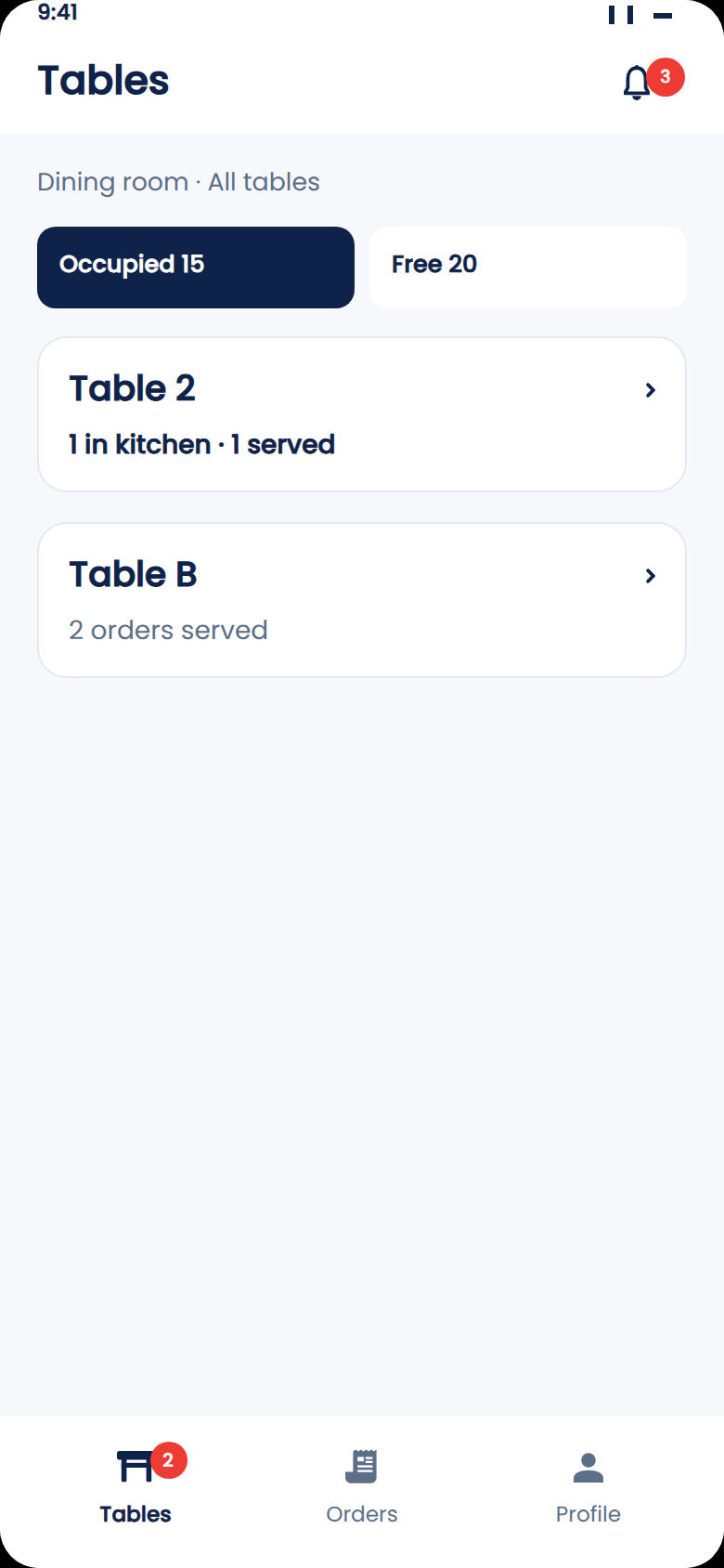 Zeat server screen: list of occupied tables with each order's status