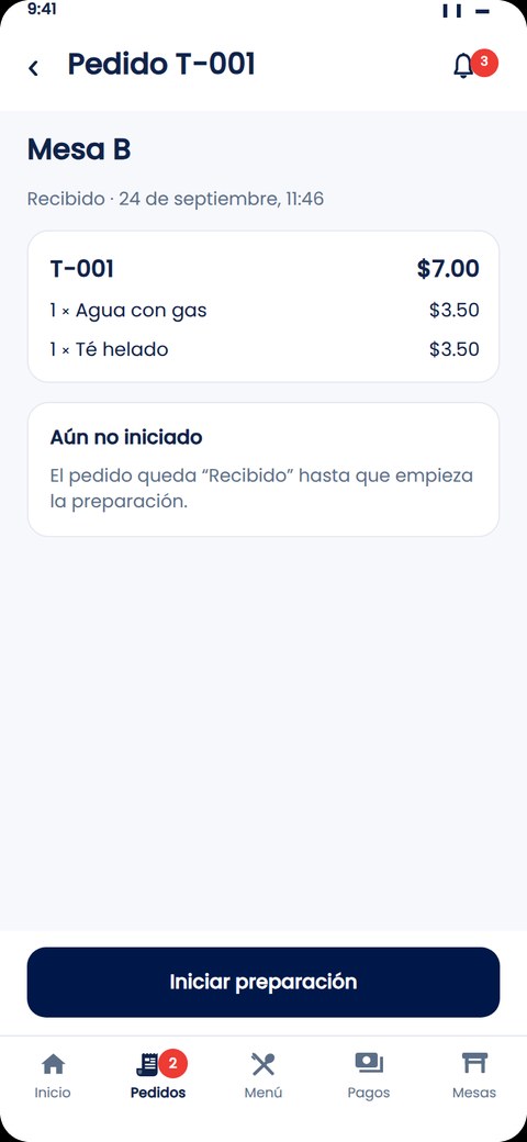 Pantalla de Zeat: pedido T-001 de la Mesa B recibido, listo para empezar la preparación