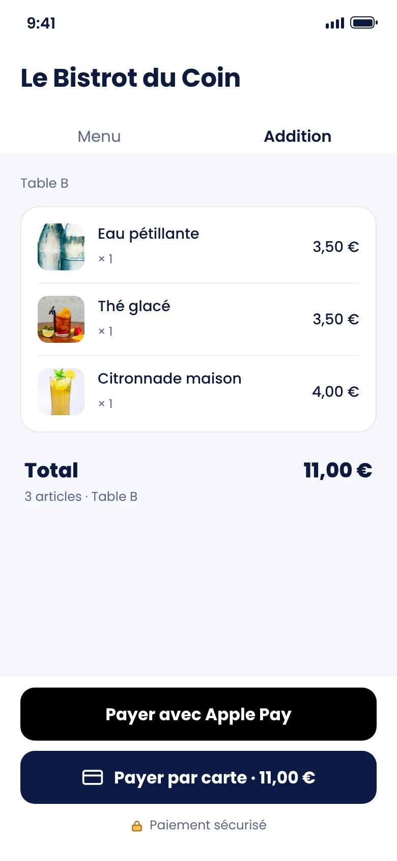 Addition de la table B sur téléphone : 11,00 €, boutons Payer avec Apple Pay et Payer par carte
