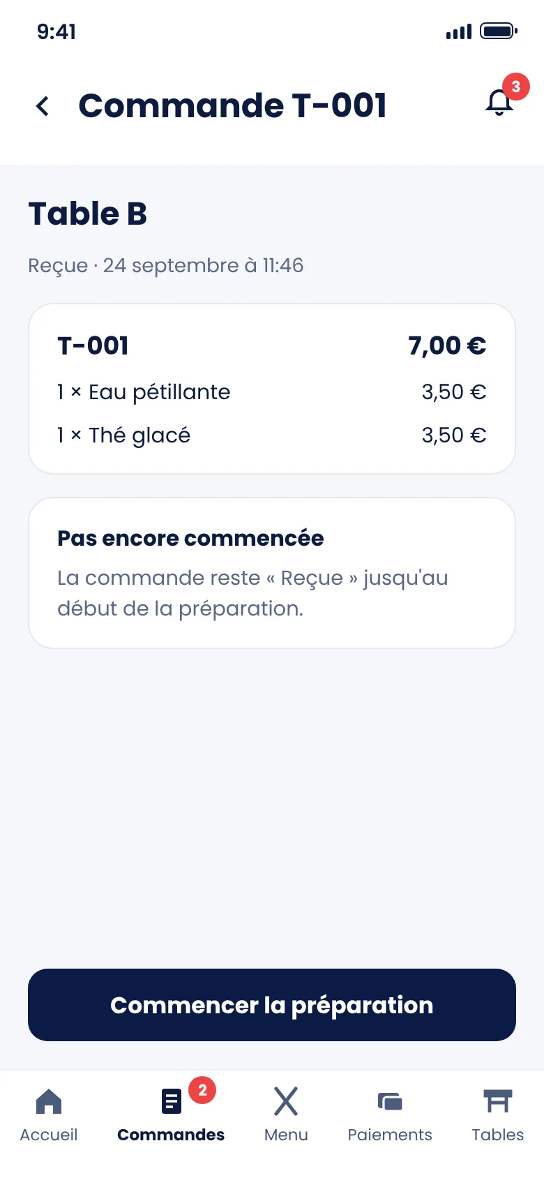 Écran cuisine Zeat : commande T-001 de la table B avec le bouton Commencer la préparation