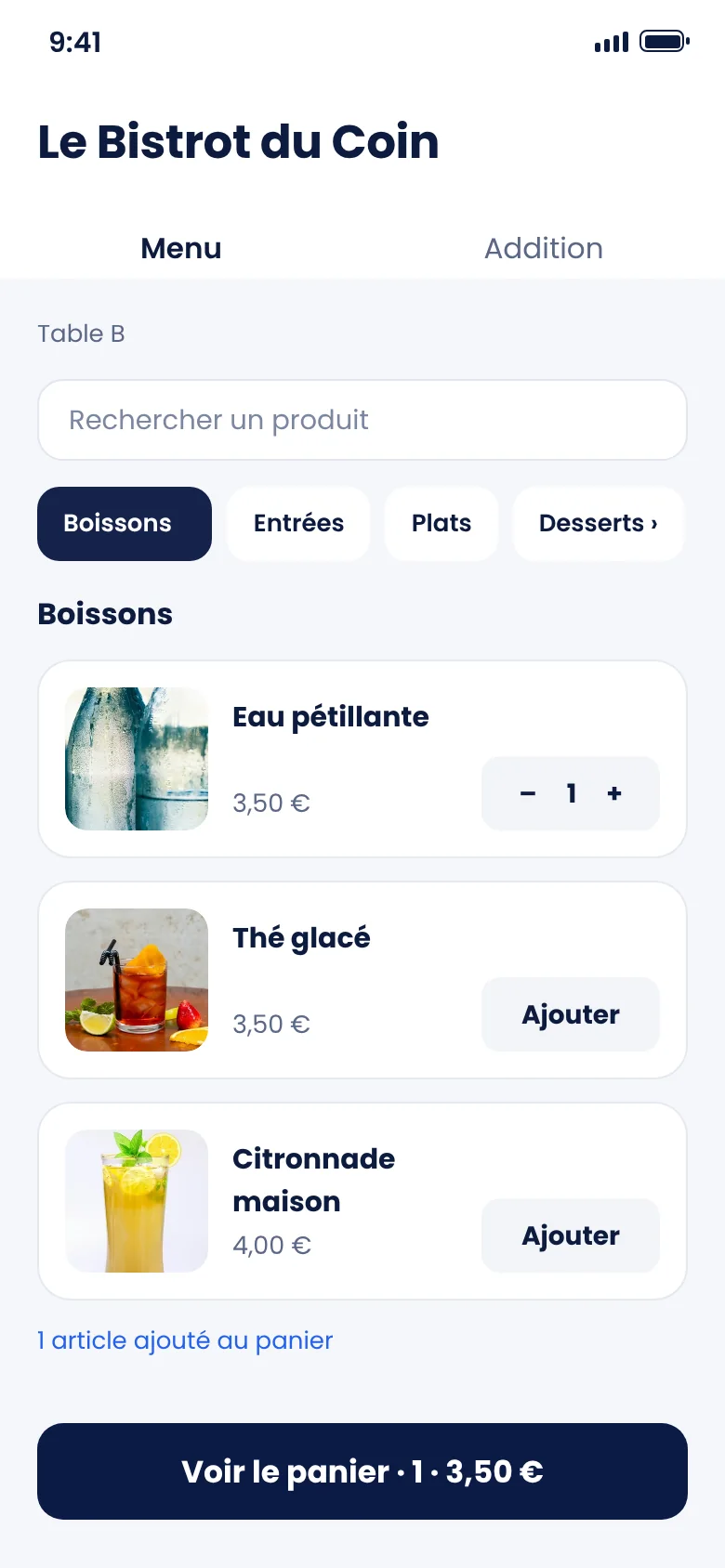 Menu QR sur téléphone : boissons avec photos, prix en euros et bouton Ajouter