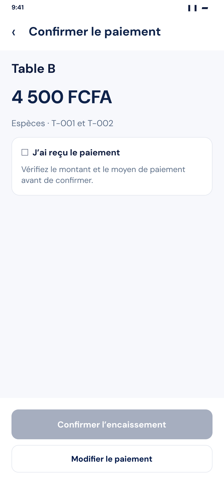 Écran Zeat Confirmer le paiement : 4 500 FCFA en espèces, case J'ai reçu le paiement