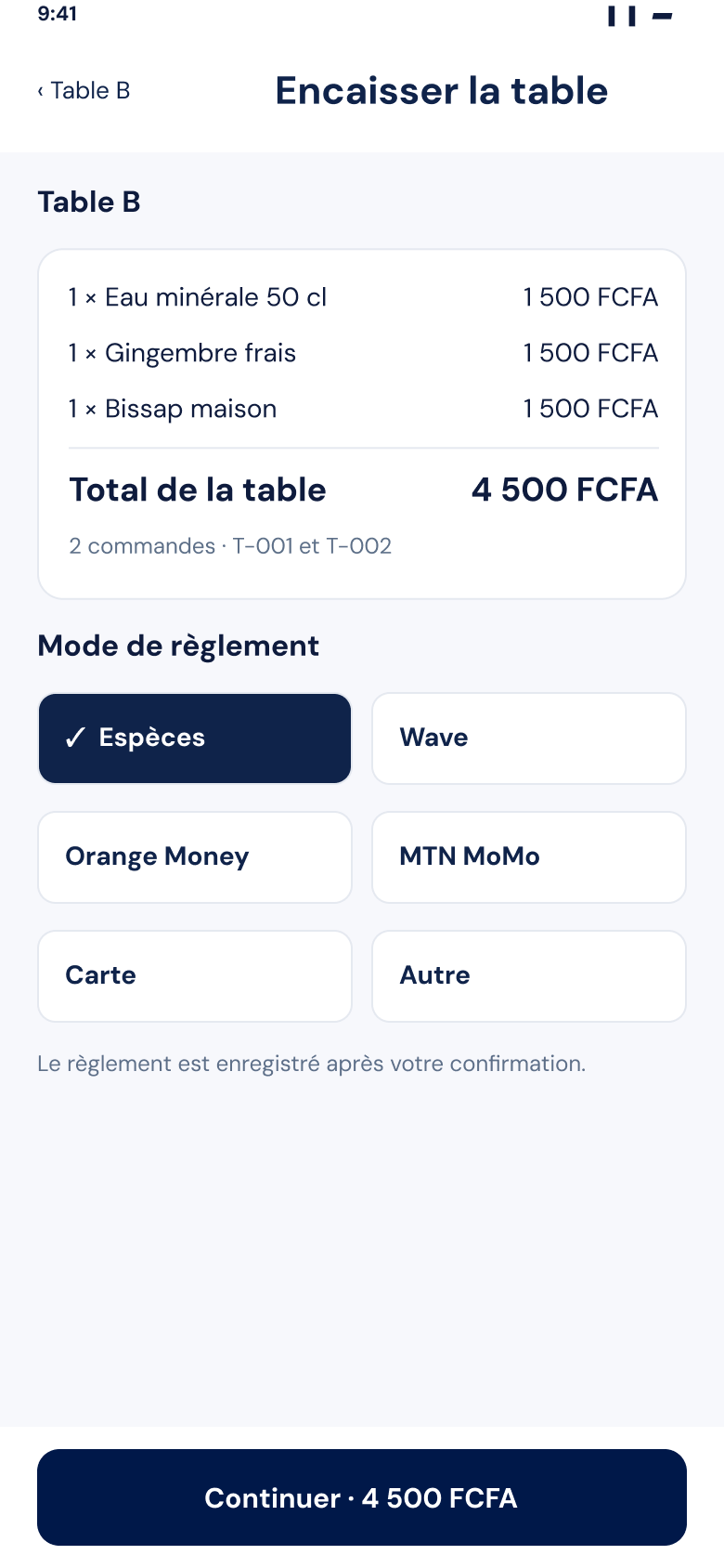 Écran Zeat Encaisser la table : espèces, Wave, Orange Money, MTN MoMo, carte ou autre
