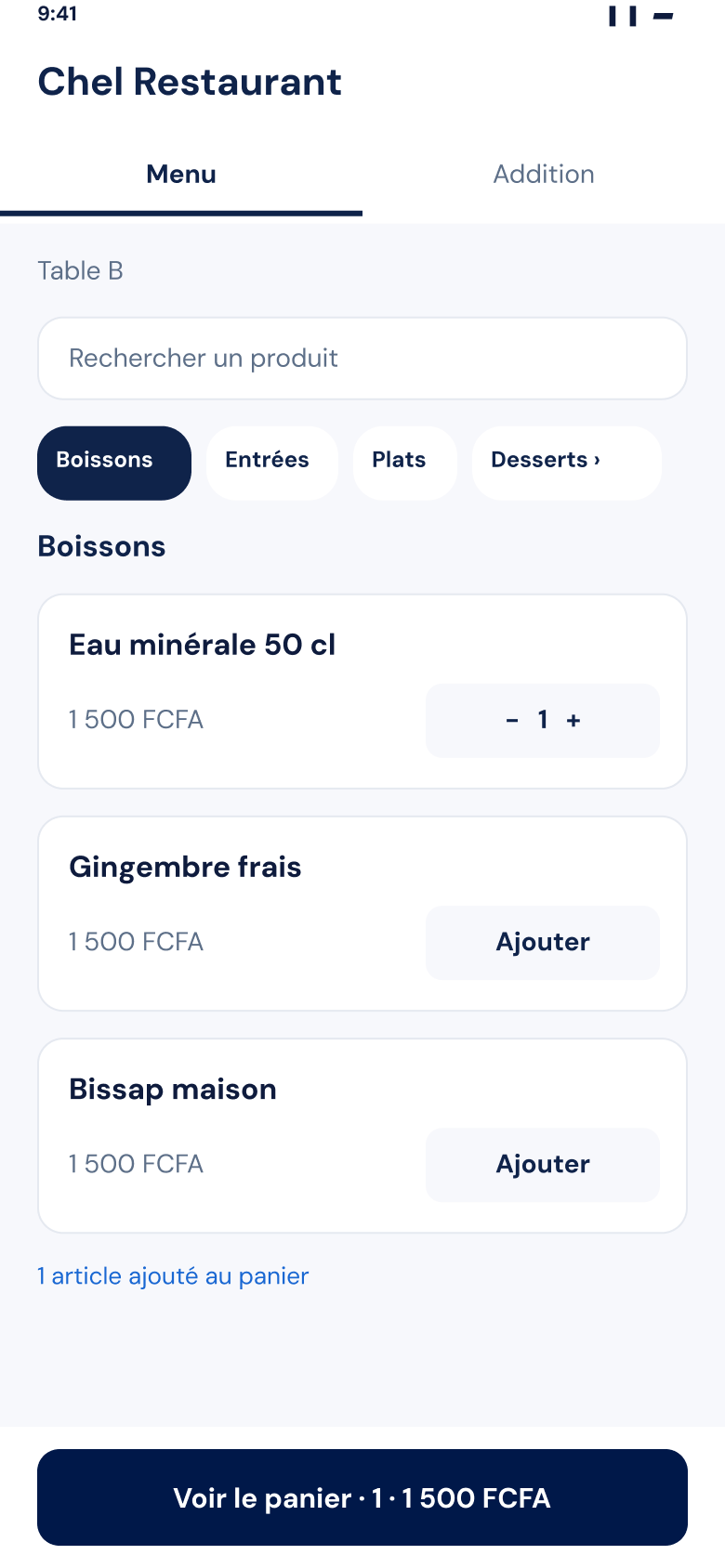 Menu client Zeat à la table B : boissons, entrées, plats et desserts, avec le panier