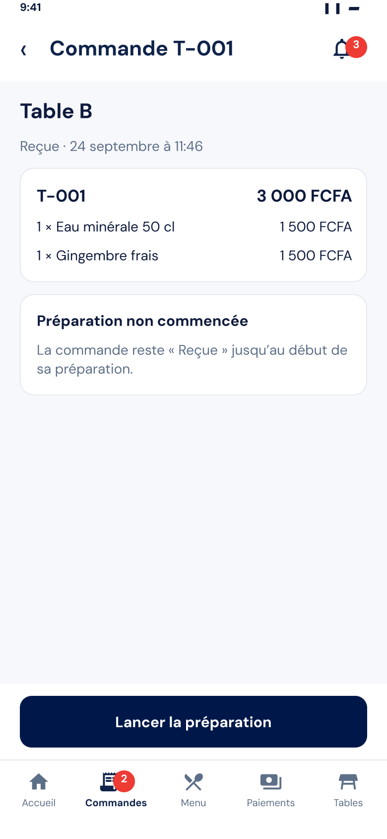 Écran Zeat : commande T-001 reçue pour la table B, bouton Lancer la préparation