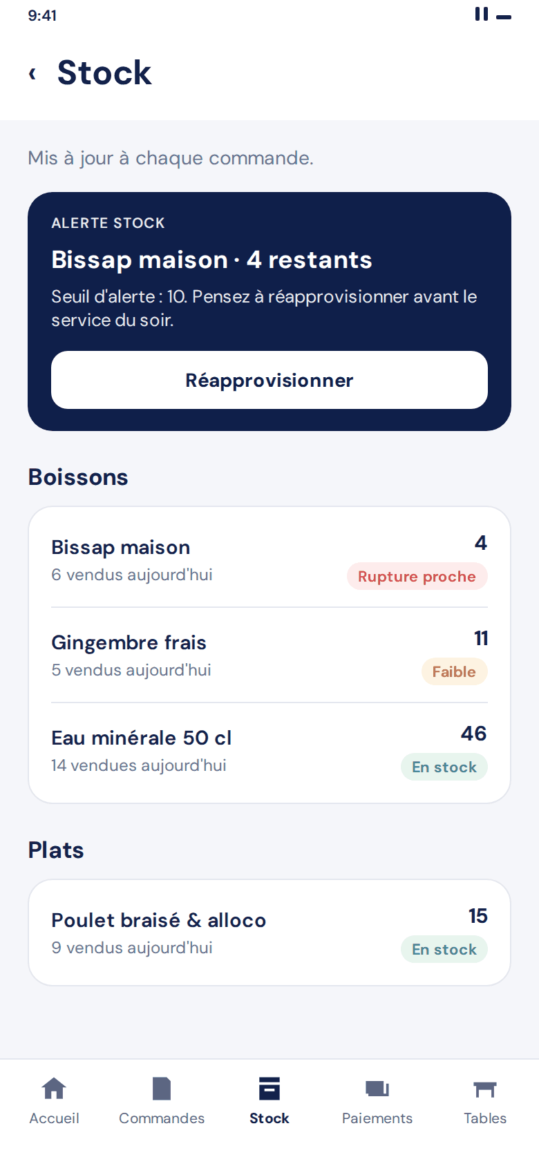 Écran stock Zeat : alerte avant rupture sur le bissap, quantités restantes par article