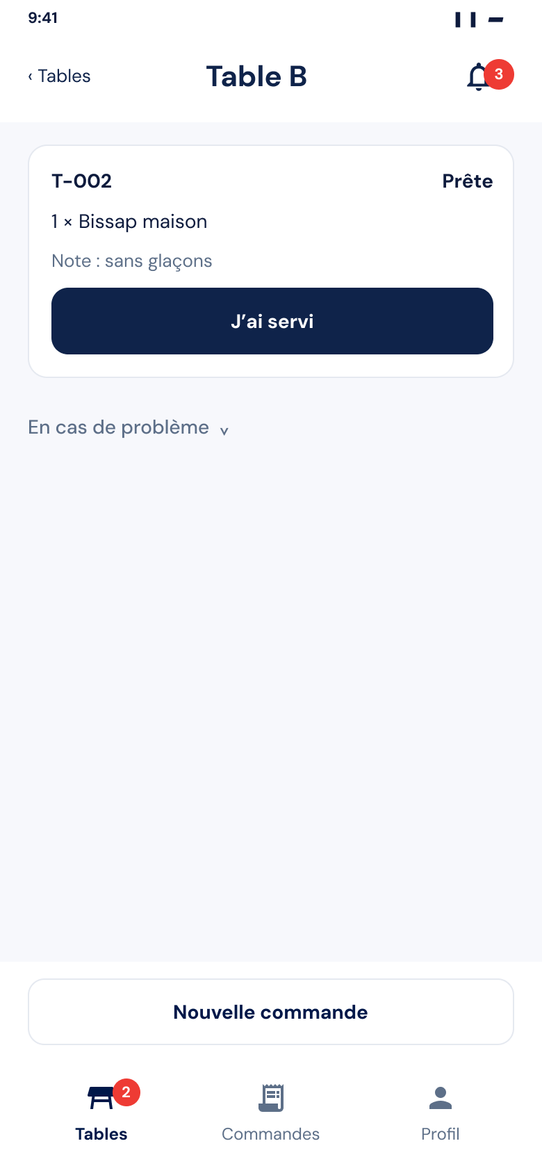 Écran serveur Zeat : commande T-002 prête, note sans glaçons, bouton J'ai servi