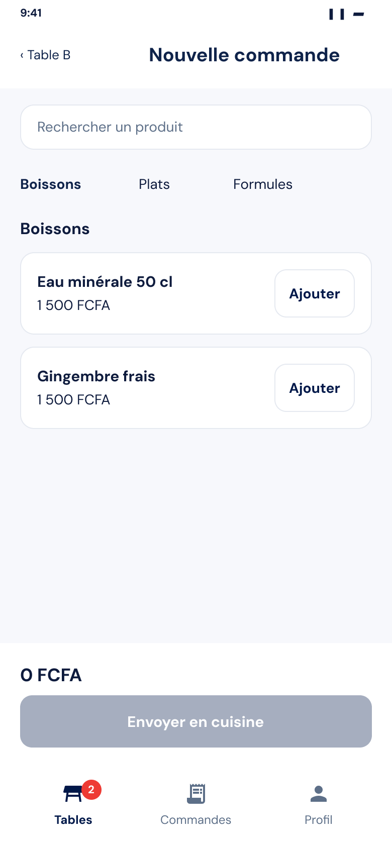Écran serveur Zeat : nouvelle commande pour la table B, bouton Envoyer en cuisine