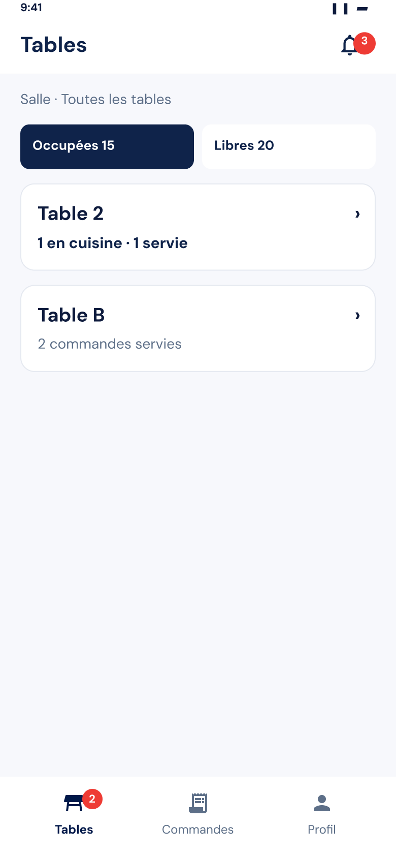 Écran serveur Zeat : liste des tables occupées avec l'état des commandes