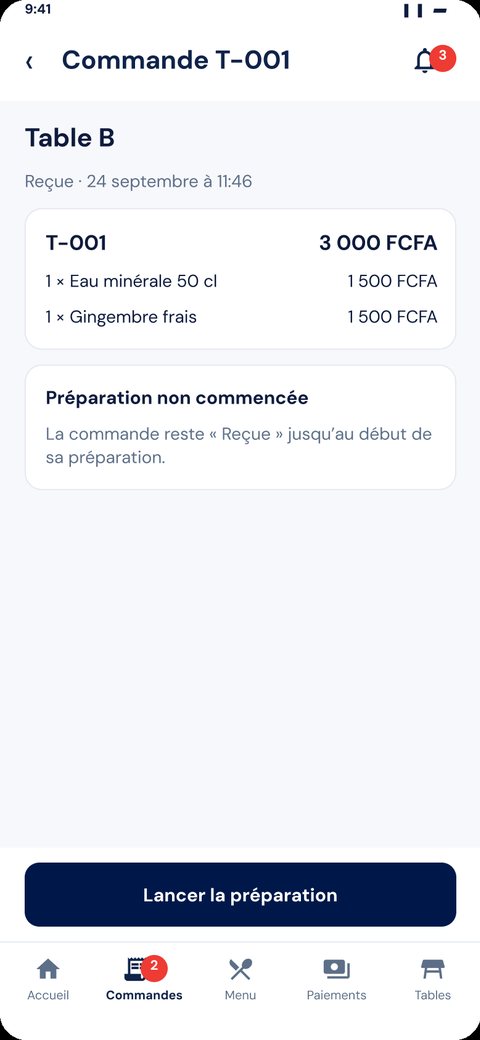 Écran Zeat : commande T-001 de la table B reçue, prête à lancer en préparation