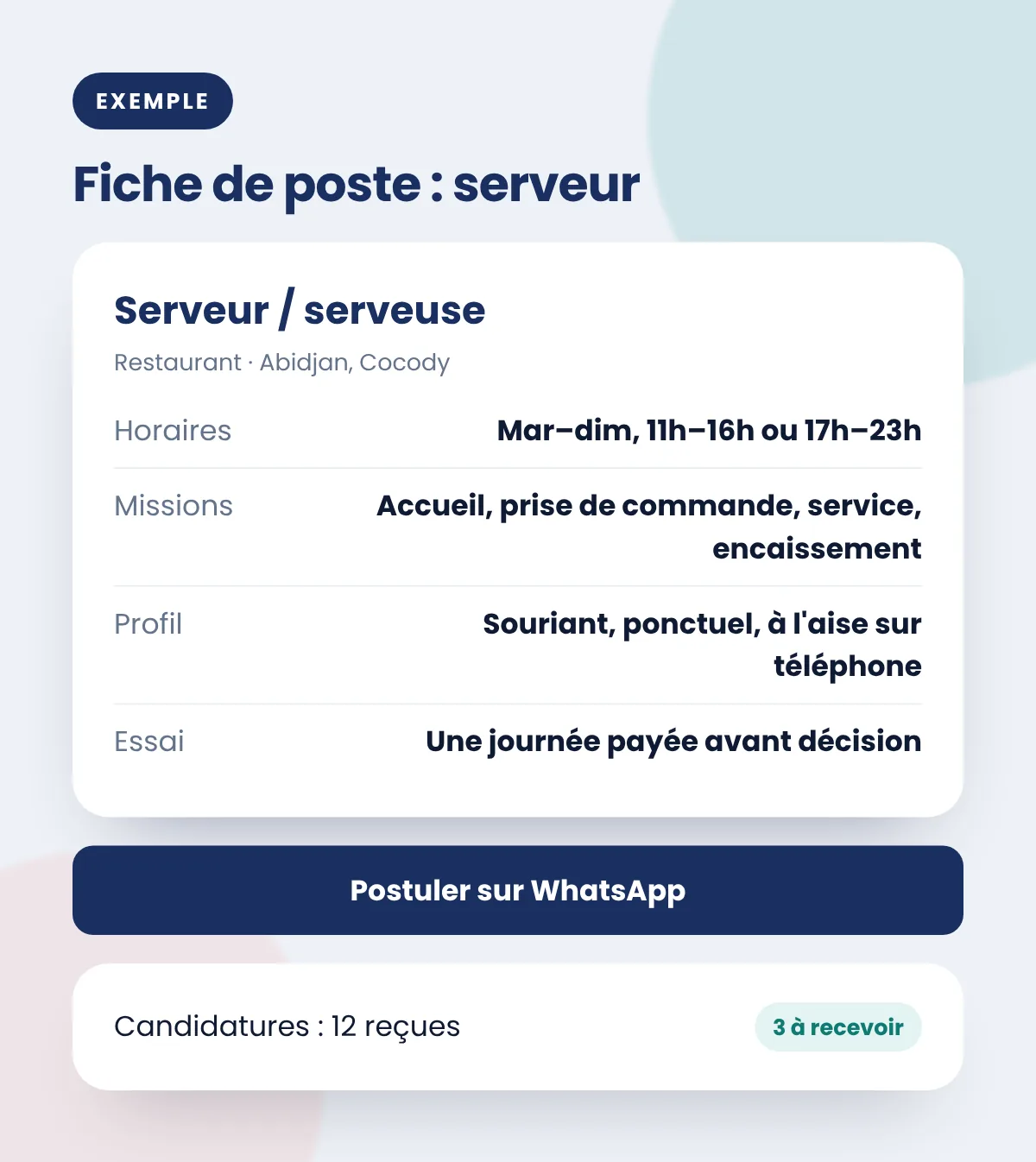Exemple de fiche de poste de serveur à Abidjan : horaires, missions, profil, journée d'essai payée